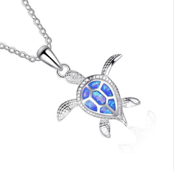 Tierschildkröten-Anhänger-Halskette, natürlicher blauer Opal, Meer, Damen-Schmuck, Legierung, Silber, elegante Strand-Schildkröten-Halsketten