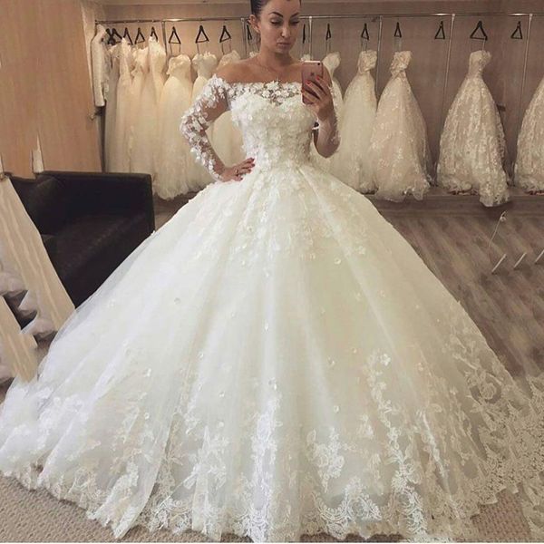

custom long sleeves ball gown lace wedding dresses 2019 off shoulder arabic appliques tulle sweep train wedding bridal gowns, White