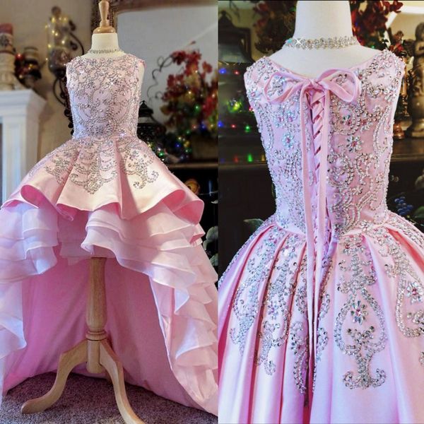 

2020 pink flower girls dresses jewel neck sleeveless tiered crystal beads satin pageant dresses hi lo girls party gowns, White;blue
