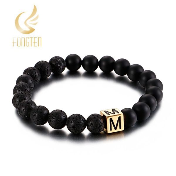 

26 letter couple bracelet charms stone beads men jewelry bracelets women bangles pulseira masculina bileklik pulseira feminina, Black