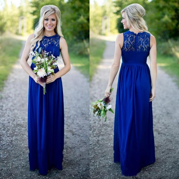 

Sexy Long Royal Blue Beach Country Style Bridesmaid Dresses Sheer Lace Neck Ruched Sexy Open Back Bridesmaids Dress Maid of the Honor Gowns