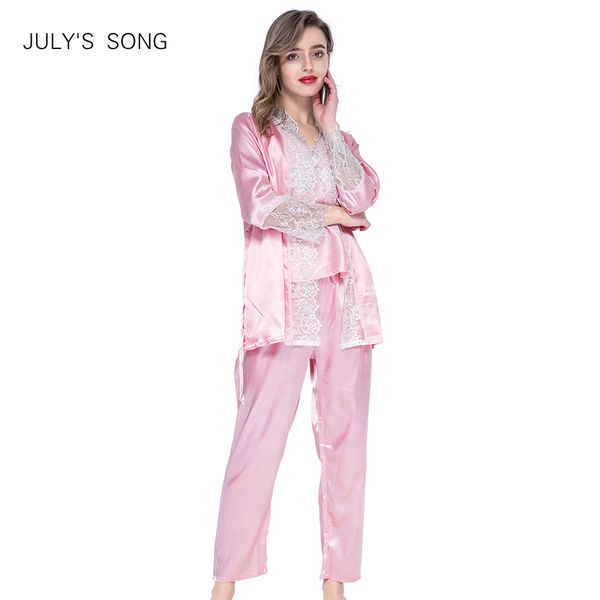 

july's song 3 pieces woman spring pajamas set lace sling satin faux silk embroidery sleep lounge pyjama with chest pads, Black;red