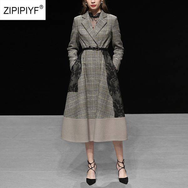 

winter new vintage woman wool coat long sleeve plaid turn-down collar women women lace patchwork jacket femme woolen coats ab102, Black