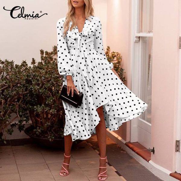 

bohemian ruffles party dress celmia point dot midi dresses women lantern sleeve v neck sundress bow tie casual loose vestidos 7, Black;gray