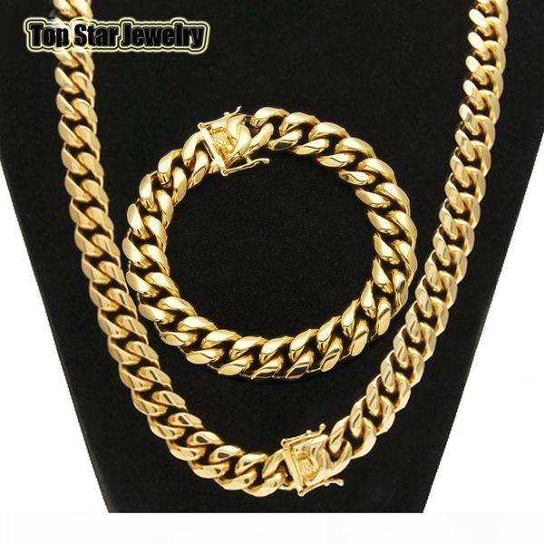 

stainless steel jewelry sets 18k gold plated dragon latch clasp cuban link necklace & bracelets for mens curb chain 1.4cm wide, Silver