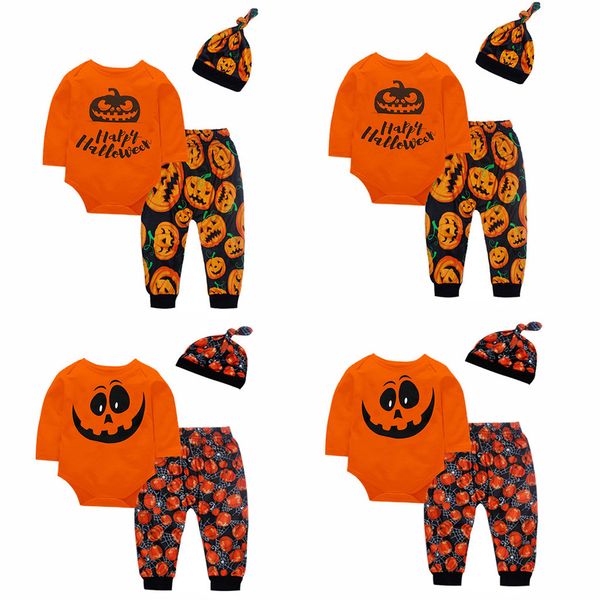 

romirus round neck toddler baby boys clothes girls clothes pumpkin long sleeve romper pants cap halloween 3pcs outfits set, White