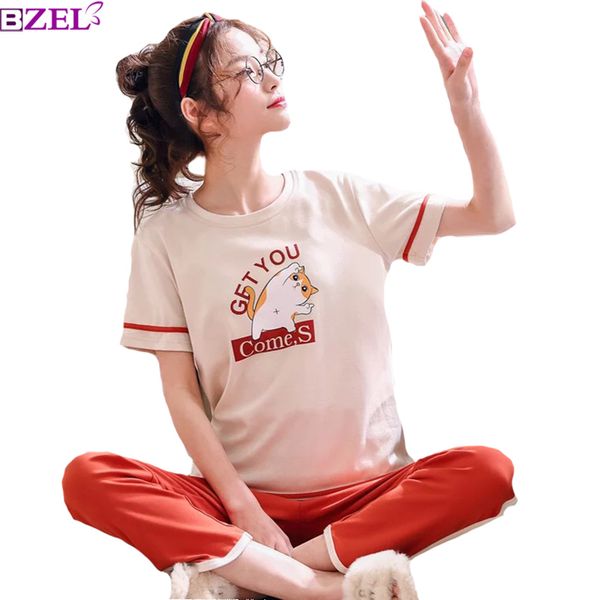 

2019 new korean style ladies cute sleepwear pants 2 piece set women summer pyjama set cartoon printed o-neck household wear, Blue;gray
