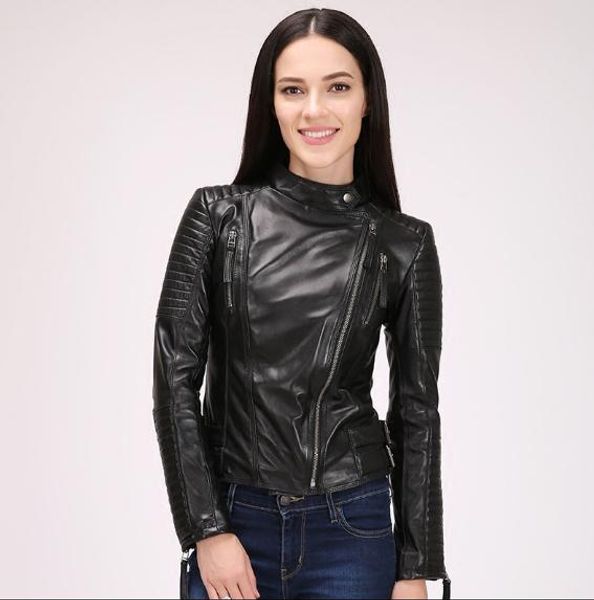 

women's 100% sheepskin jacket.spring woman genuine leather jackets.fashion slim coat.plus size motor clothes, Black