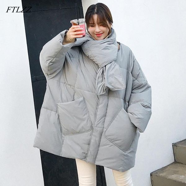 

ftlzz new winter jacket women 90% duck down coat with scarf loose warm parkas female medium long down overcoat, Black