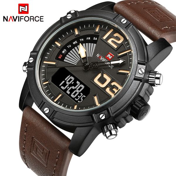 

2019 naviforce men's fashion sport watches men quartz analog date clock man leather military waterproof watch relogio masculino j190715, Slivery;brown