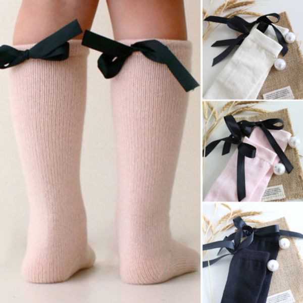 

pearl silk bowknot baby socks girls knee high socks soft cotton knitted warm long tube knee girls cute, Pink;yellow