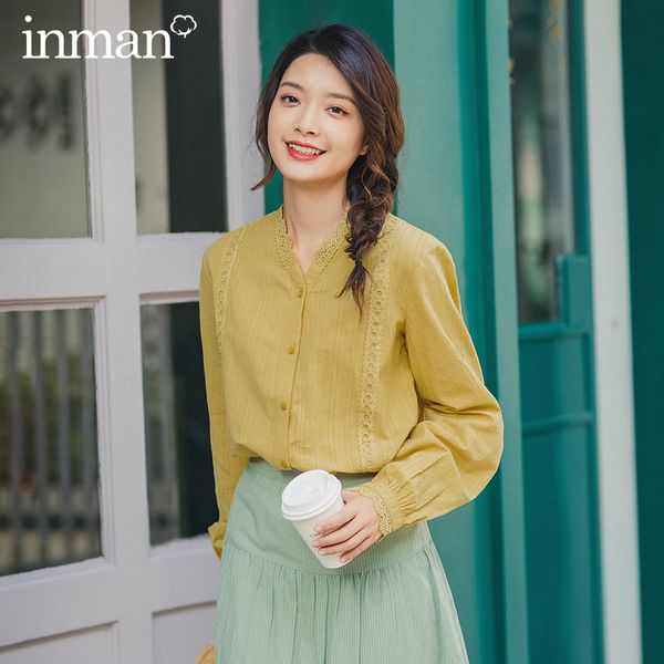 

inman 2020 spring new arrival literary women cotton v collar flower lace patchwork long sleeve women elegant blouse, White