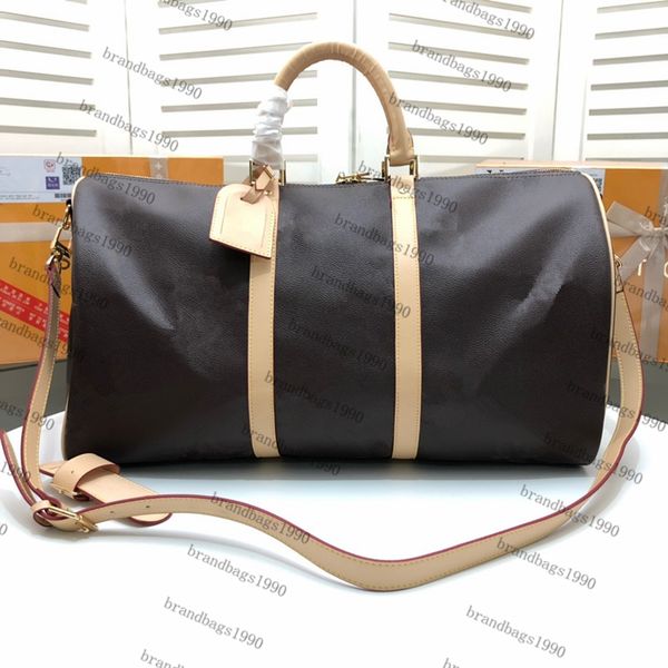 

big flower 50cm classical fashion men traveling bag genuine leather trim luggage duffel bag canvas handbag ing