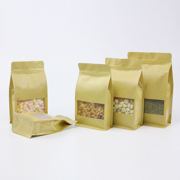 

30pcs reusable sealing bag pouch kraft paper bag with zip lock with clear window for storing cookie dried snack