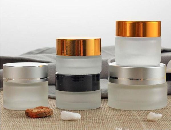 

50g 30g 20g 15g 10g 5g frost glass cream jar with silver gold black lids 1oz glass container 1/3oz cosmetic packaging