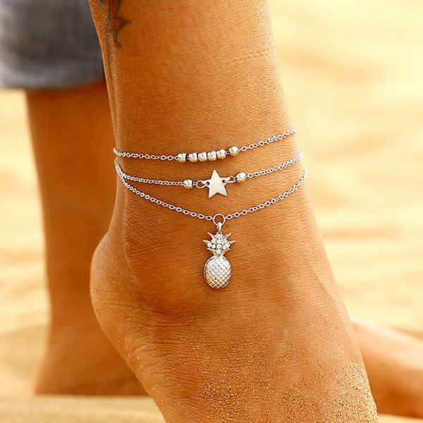 

vienkim fashionable ankle chain 2019 summer beach foot jewelry 2 pcs multi-layer star beaded pineapple crystal anklets for women, Red;blue