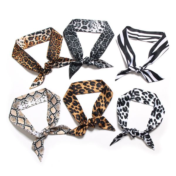 

women neckerchief scarf leopard snakeskin markings double-layer printed twill tie bag handle slender narrow ribbon wrist wrap, Blue;gray