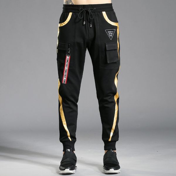 

#2435 hip hop sweatpants for men cotton high street high waist gold striped black skinny joggers mens streetwear plus size man