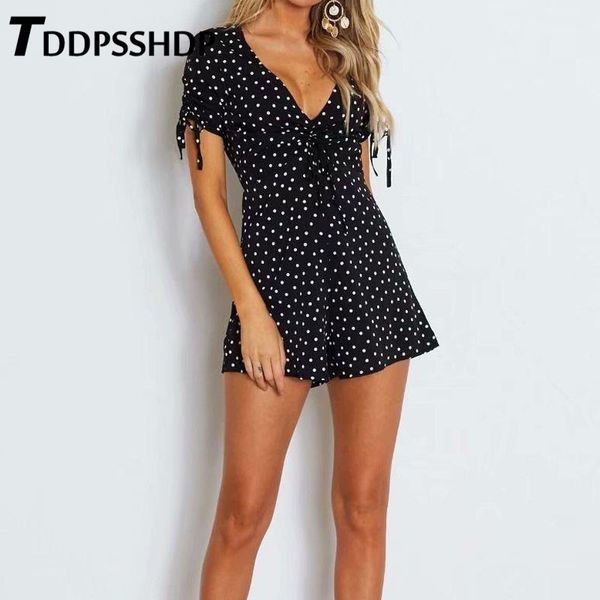 

white polka dot short sleeve women playsuit deep v neck black color casual female jumpsuit, Black;white