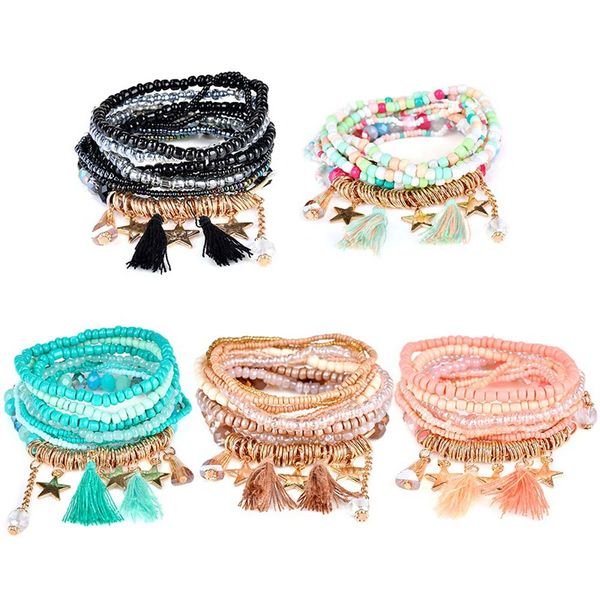 

bohemian fashion charm beads bracelets for women ethnic boho tassel multilayer simulated pearl bracelet wristband jewelry, Black