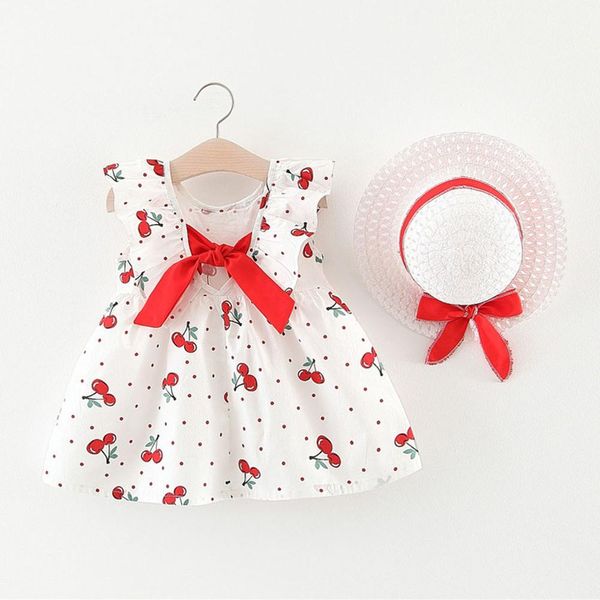 

summer toddler baby kids girls sleeveless cherry printed dot princess ruched dresses +bow hat outfits for girls costume z18$, Red;yellow