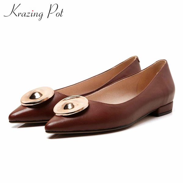 

krazing pot full grain leather fashion solid metal decorations pointed toe low heels women slip on elegant beauty lady pumps l28, Black