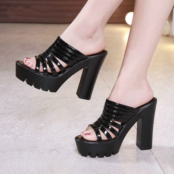 

jx467 shoes woman sandals summer slippers patent leather plus size 43 13cm super high thick heel heel fish mouth toe party, Black