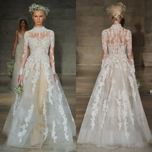 Reem Acra 2019 Spitze Brautkleider, Stehkragen, lange Ärmel, Übergröße, Feen-Brautkleid, Caften, Strand, Boho-Chic, Robe de Mari￩e