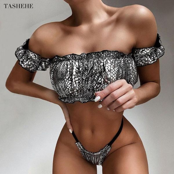 

snake print bikinis mujer 2020 off the shoulder swimsuit women swimwear ruffle bathing suit swim biquini feminino beachwear, White;black