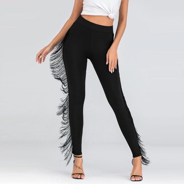 

#35 леггинсы женщины повседневная сплошной цвет кисточкой колготки высокая талия ноги леггинсы тренировки леггинсы плюс размер женщины трени, Black