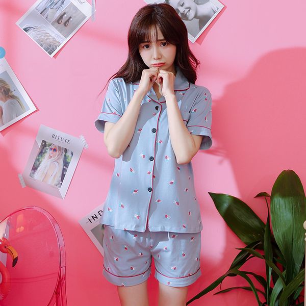 

summer women pajama set short sleeve female pure cotton sleepwear casual lapel cardigan patten print leisure pyjamas set 18006, Blue;gray