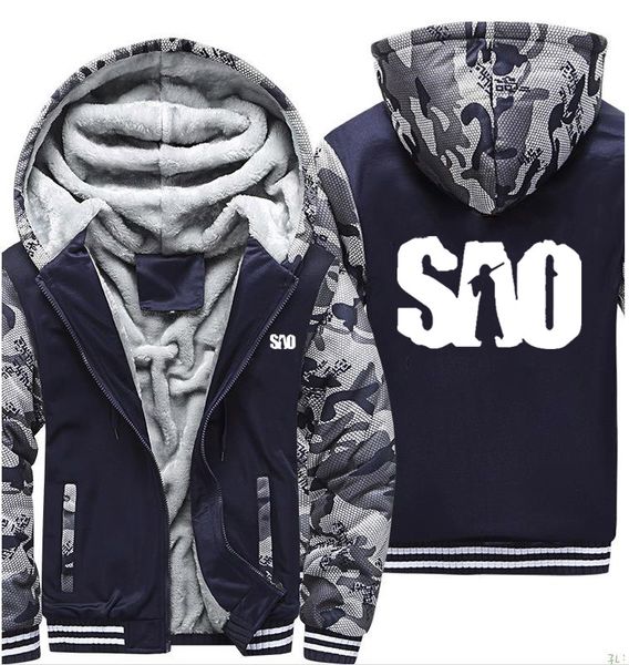 

sao sword art online camouflage hoodies mens winter warm thicken fleece zipper sweatshirt coat plus size jackets, Black