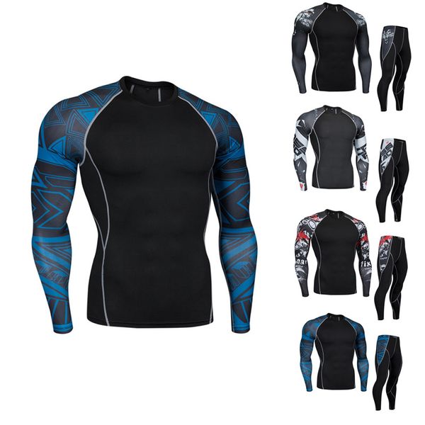 

men's gym training set outdoor running thermal underwear foundation layer long sleeve shirt + leggings 2 piece sportswear set, White;black