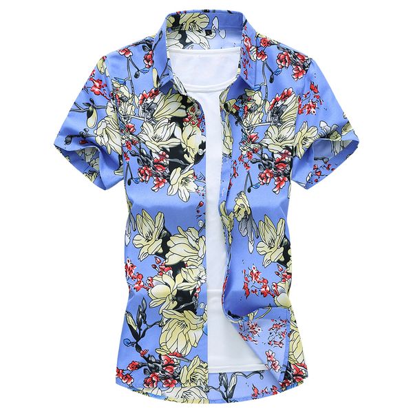 

2020 new summer style short sleeve 7xl mens dress shirt french cuff floral print mens casual shirts big sizes, White;black
