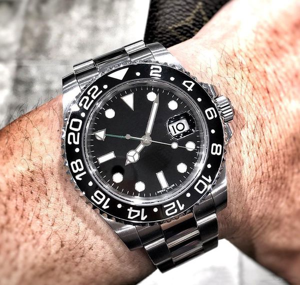 

silver mens watch automatic movement watch men ceramic bezel black face stainless steel wristwatch solid clasp sapphire glass, Slivery;brown