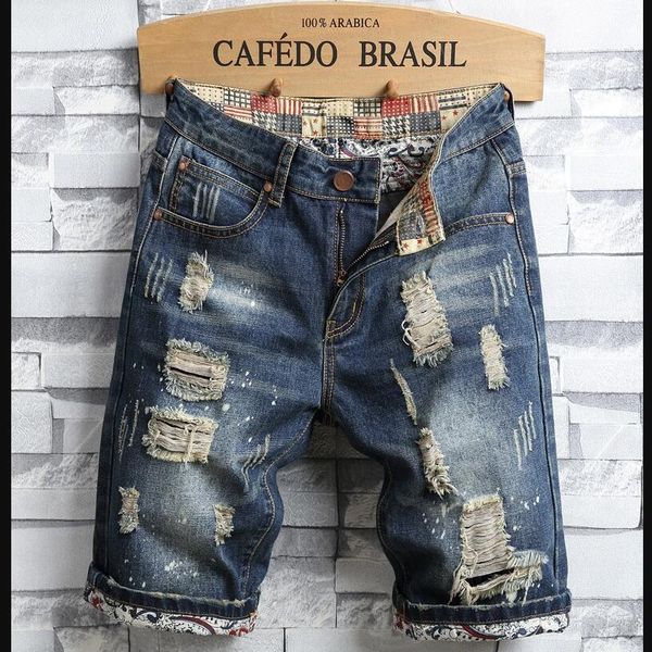 

men holes short jeans summer blue denim shorts good quality men straight knee length jeans large size loose denim shorts