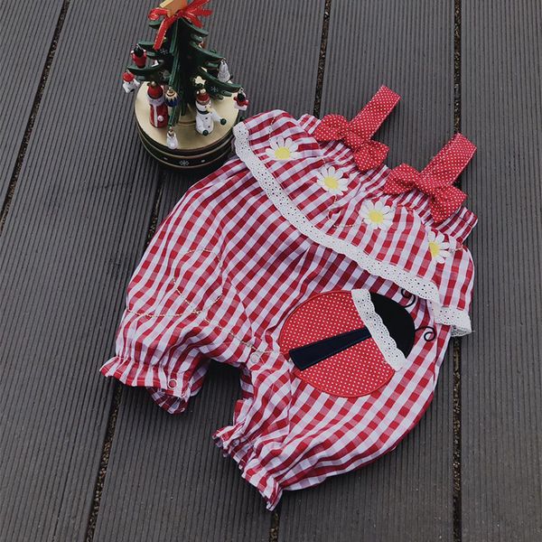 

baby girl designer clothing romper Plaid Embroidery flower Suspender Design romper summer girl clothing outwear romper