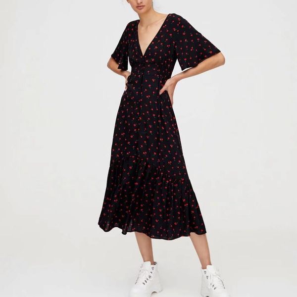 

za 2020 new women dress red cherry pattern pleated ruffle sleeve v neck ladies elegant vocation style long dress woman clothes, Black;gray