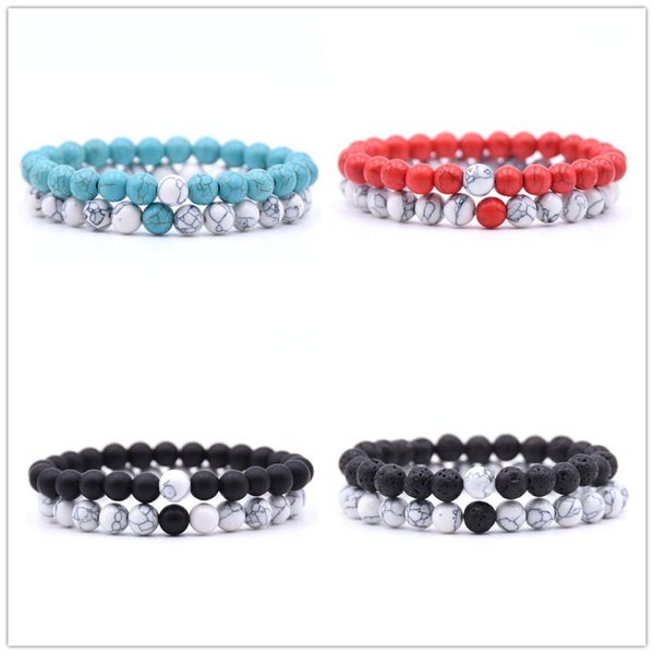 I più nuovi braccialetti di turchese bianco rosso da 8 mm per le donne Gioielli di braccialetto di amicizia di coppia elastica in pietra lavica alla moda