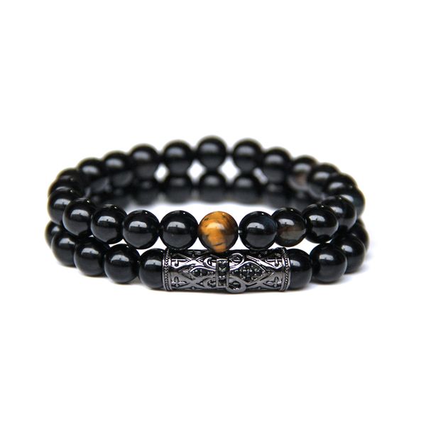 

2pcs natural black onyx with tiger eye stone beads women men bracelet jewelry energy round beads elastic rope bracelet jewelry