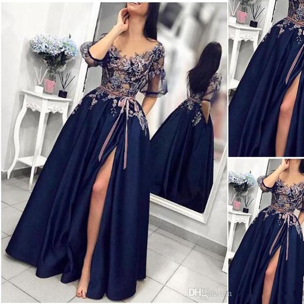 

elegant navy satin blue evening gown 2020 half sleeve lace applique sheer neck ever pretty prom dresses long vestido de festa robes de soire, Black;red