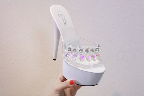 

2019 women slipper glass crystal fine heel 15cm slipper female summer waterproof 15cm prevent thick bottom cool shoes, Black