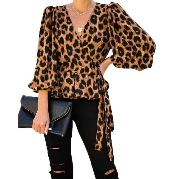 

designer womens tshirts spring loose leopard v neck lantern sleeve ladies casual women clothing, White