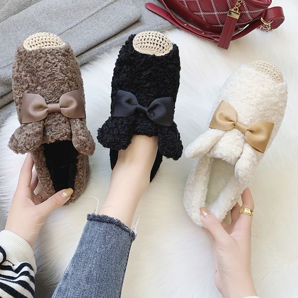 

korean shoes women's moccasins round toe all-match casual female sneakers loafers fur bow-knot 2019 comfortable new butterfly, Black