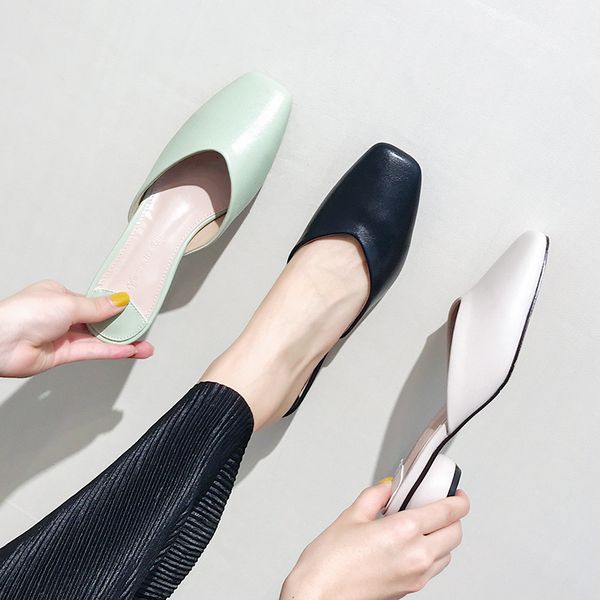 

shoes slippers women summer big size cover toe square heel med slides female mule pantofle block mules 2020 hoof heels fabric, Black