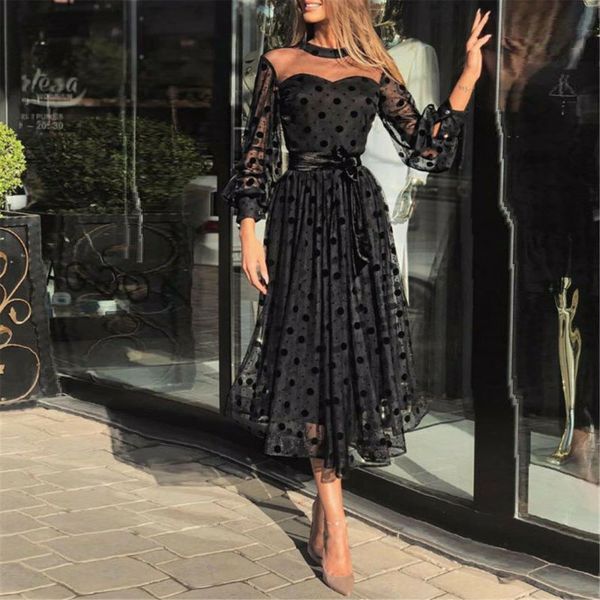 

womens dress 2020 spring summer plus size ladies polka dot lace mesh maxi dresses evening party dress vestidos female clothing, Black;gray