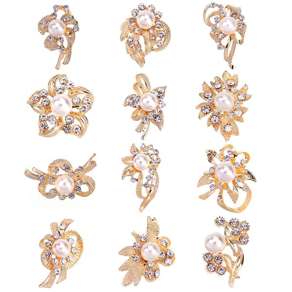 

pinksee 12pcs/lot elegant fashion imitation pearl crystal flower brooch for women wedding accessories, Gray