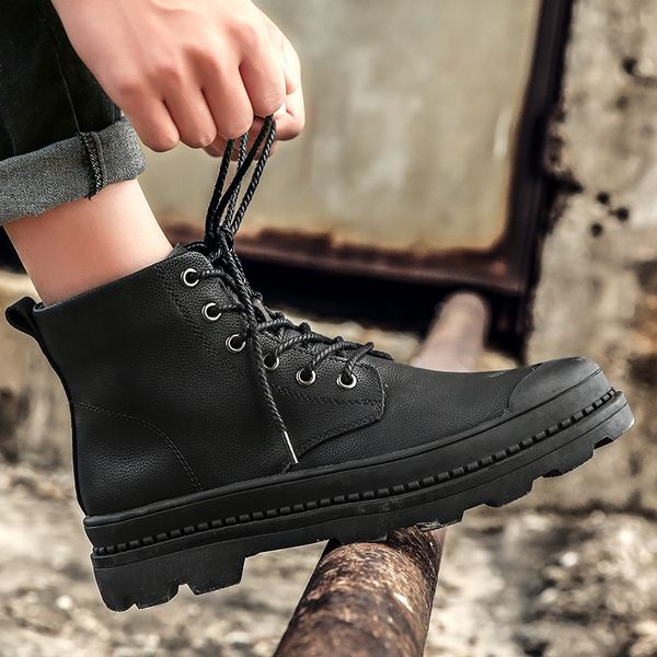 

goodrsson new autumn and winter explosions tooling shoes male boots lace up solid high help thick bottom fashion tide men boots, Black