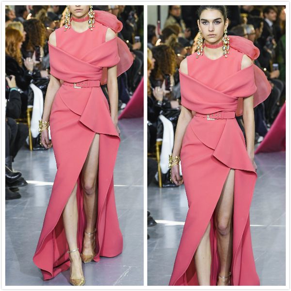 

2020 elie saab couture evening dresses jewel neck short sleeve high split mermaid prom gowns runway fashion red carpet dress, Black;red