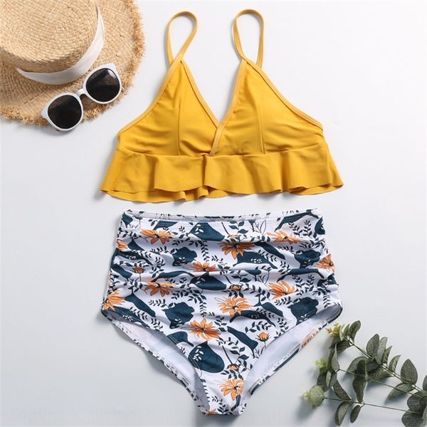 

2019 swimsuit high waist printing bikini pleated lotus leaf bikini swimsuit female, White;black